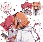  !? 2girls a.i._voice adachi_rei ahoge blush cable cable_tail commentary_request drill_hair expressive_hair grey_jacket heart heart_ahoge highres holding holding_phone intertwined_tails jacket kasane_teto kasane_teto_(sv) kiss mechanical_tail medium_hair mochimochi_(kh0km4owii6325) multiple_girls multiple_views one_side_up orange_eyes orange_hair phone red_eyes red_hair surprise_kiss surprised synthesizer_v tail twin_drills utau white_background white_jacket yuri 