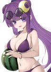  1girl akisome_hatsuka alternate_costume alternate_hairstyle ball beachball bikini bracelet breasts cleavage commentary_request crescent crescent_hair_ornament double_bun eyewear_on_head food fruit groin hair_bun hair_ornament halterneck holding holding_ball holding_beachball jewelry large_breasts long_hair looking_at_viewer navel open_mouth patchouli_knowledge ponytail purple_bikini purple_eyes round_eyewear smile solo stomach string_bikini sunglasses swimsuit touhou triangle_bikini_top very_long_hair watermelon_beachball 