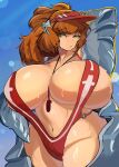  1girl absurdres arm_behind_head blue_sky breasts cleavage closed_mouth commentary cosplay cowboy_shot curvy english_commentary goddess_of_victory:_nikke highres huge_breasts ishmael_(project_moon) jewelry limbus_company long_hair long_sleeves looking_at_viewer marciana_(marine_study)_(nikke) marciana_(nikke) marciana_(nikke)_(cosplay) navel one-piece_swimsuit outdoors pendant project_moon red_one-piece_swimsuit red_slingshot_swimsuit sky slingshot_swimsuit solo swimsuit teyo_jominu visor_cap yellow_eyes 