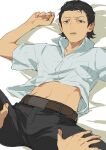  2boys belt black_hair black_pants brown_belt commentary_request dress_shirt fingernails gekkoukan_high_school_uniform hair_slicked_back hands_on_another's_legs hiraga_keisuke isa_(peien516) lying male_focus midriff multiple_boys navel odagiri_hidetoshi on_back on_bed open_collar out_of_frame pants persona persona_3 school_uniform shirt solo_focus spreading_another's_legs white_shirt yaoi 