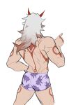  1boy absurdres arataki_itto arm_tattoo artist_name back back_tattoo boxer_briefs commentary darwh from_behind genshin_impact highres horns leg_tattoo long_hair male_focus male_underwear muscular muscular_male onikabuto_(genshin_impact) purple_male_underwear red_horns red_tattoo simple_background solo standing tattoo topless_male underwear underwear_only white_background white_hair 