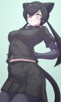  1girl animal_ears black_hair black_leopard_(kemono_friends) blue_background bow bowtie breasts commentary_request elbow_gloves extra_ears gloves highres kemono_friends leopard_ears leopard_girl leopard_tail long_hair looking_at_viewer lowlandgorilla one_eye_closed pantyhose shirt simple_background skirt solo tail twintails yellow_eyes 