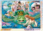  2girls 6+boys air_bubble antlers bikini breasts brook_(one_piece) bubble cleavage crown franky_(one_piece) hat horns huge_breasts instrument jinbe_(one_piece) male_swimwear monkey_d._luffy multiple_boys multiple_girls nami_(one_piece) nico_robin oda_eiichirou official_art one_piece reindeer_boy roronoa_zoro salute sanji_(one_piece) scar scar_on_chest shark shoulder_tattoo snorkel snorkel_in_mouth swim_trunks swimsuit tattoo third-party_source tony_tony_chopper turtle underwater usopp violin 