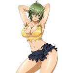  1girl :o antenna_hair armpits arms_behind_head black_skirt blue_eyes blush breasts cleavage collarbone contrapposto cowboy_shot embarrassed game_asset green_hair hair_between_eyes ikkitousen ikkitousen_extra_burst kyocho_chuukou_(ikkitousen) large_breasts looking_at_viewer navel non-web_source official_art open_mouth self-datamine short_hair simple_background skirt sleeveless solo spaghetti_strap striped_tank_top tank_top torn_clothes torn_skirt torn_tank_top transparent_background yellow_tank_top 