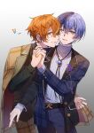  2boys absurdres aoyagi_touya bad_id bad_twitter_id belt belt_buckle black_belt black_sweater blonde_hair blue_hair bolo_tie buckle buttons cowboy_shot fingernails gradient_background grey_eyes grin hair_between_eyes hand_up heart highres interlocked_fingers jacket jacket_on_shoulders lapels layered_clothes layered_sleeves long_sleeves looking_at_viewer male_focus mole mole_under_eye multicolored_hair multiple_boys notched_lapels official_alternate_costume one_eye_closed open_mouth orange_hair project_sekai rexxxxder shinonome_akito short_hair smile split-color_hair streaked_hair sweater turtleneck turtleneck_sweater two-tone_hair yaoi 