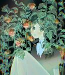  1other :o androgynous blush chromatic_aberration collared_shirt colored_eyelashes commentary_request crystal_hair gem_uniform_(houseki_no_kuni) green_eyes green_hair highres houseki_no_kuni knees_up koyuki12270321 leaf legs_together looking_at_viewer necktie open_mouth other_focus overgrown parted_bangs phosphophyllite plant puffy_short_sleeves puffy_sleeves shirt short_hair short_sleeves sitting solo white_shirt 