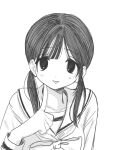  1girl 2000s_(style) :p bow bowtie closed_mouth collar dot_nose faux_retro_artstyle finger_to_cheek greyscale highres index_finger_raised light_blush long_hair long_sleeves looking_at_viewer loose_hair_strand low_twintails monochrome original sailor_collar school_uniform simple_background smile solo tareme tongue tongue_out twintails u3yu upper_body white_background wispy_bangs 
