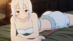  1girl anime_coloring bandeau blue_bandeau blue_bow blue_shorts blush bow bow_shorts breasts chris_(konosuba) cleavage closed_mouth collarbone cowboy_shot dagger diamond_earrings earrings frilled_bandeau frilled_shorts frills game_asset grey_hair highres holding holding_dagger holding_knife holding_weapon indoors jewelry knife kono_subarashii_sekai_ni_shukufuku_wo! kono_subarashii_sekai_ni_shukufuku_wo!_kono_yokubukai_game_ni_shinpan_o! looking_at_viewer lying non-web_source official_art on_bed on_stomach purple_eyes scar scar_on_cheek scar_on_face self-datamine sheath sheathed short_hair short_shorts shorts side_ahoge sleepwear small_breasts solo variant_set weapon 