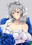  1girl absurdres artist_name assault_lily bare_shoulders black_gloves blue_flower blue_rose blush breasts center_frills cleavage clothing_cutout collar collarbone commentary_request elbow_gloves fingerless_gloves floral_print flower frilled_hairband frilled_shirt frills gloves grey_background grey_hair grin hair_between_eyes hairband halter_shirt halterneck hand_up happy_birthday hata_matsuri highres large_breasts lolita_hairband looking_at_viewer medium_hair o-ring_collar parted_lips pendant_collar print_gloves purple_eyes rose senri_(senri03151221) shirt short_sleeves shoulder_cutout simple_background smile solo upper_body variant_set white_collar white_gloves white_hairband white_shirt 