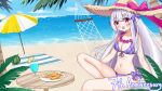  1girl absurdres azur_lane beach beach_umbrella bikini blastose1 blue_sky breasts commentary cygnet_(azur_lane) cygnet_(sea_star_on_shore)_(azur_lane) drink electric_lemonade english_commentary fish_(food) fish_and_chips flower flower_necklace food fruit hair_ornament hammock highres long_hair ocean outdoors palm_tree picnic_blanket purple_bikini red_eyes sand sky swimsuit tree umbrella watermelon white_hair 