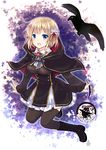  bird black_capelet black_cloak black_footwear black_legwear blonde_hair blue_eyes boots capelet copyright_name crow ghost hood hood_down open_mouth original pixiv_witch_craft_school sayuiv school_uniform skirt solo thighhighs witch 