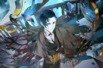  1boy absurdres black_bow black_bowtie black_gloves black_hair black_jacket black_pants blood blood_on_face blue_eyes blue_hair bow bowtie commentary fate/grand_order fate_(series) formal_clothes glass gloves green_eyes green_rar hand_on_own_chest heterochromia highres jacket long_sleeves looking_at_viewer male_focus pants sherlock_holmes_(fate) shirt short_hair solo suit torn_clothes traum_(fate/grand_order) watermark white_shirt 