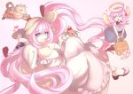  2girls basket blue_eyes blue_skirt breasts cake cake_slice can_(honkai_impact) cat cleavage commentary dress elf elf_elysia elysia_(honkai_impact) food halo hat high_heels highres holding holding_basket holding_plate honkai_(series) honkai_impact_3rd large_breasts long_hair looking_at_viewer medium_hair multiple_girls pink_hair plate pointy_ears simple_background skirt sun_hat sweetpotato_712 tongue tongue_out untranslatable_commentary very_long_hair white_dress wings 