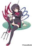  1girl absurdres asymmetrical_wings black_dress black_hair black_thighhighs blue_wings bow bowtie breasts center_frills closed_mouth commentary dress frills highres holding holding_polearm holding_weapon houjuu_nue kurenaidahlia looking_at_viewer polearm red_bow red_bowtie red_eyes red_shoes red_wings shoes short_hair short_sleeves snake_armband solo thighhighs touhou trident twitter_username untranslatable_commentary weapon white_background wings wristband 