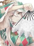  1girl absurdres argyle_clothes argyle_kimono arm_up cecilia_immergreen cecilia_immergreen_(new_year) closed_mouth commentary doll_joints folding_fan green_eyes green_hair green_kimono green_streaks grey_hair hair_bun hand_fan highres holding holding_fan hololive hololive_english japanese_clothes joints kimono lace-trimmed_kimono lace_trim looking_at_viewer multicolored_hair official_alternate_costume otomo_(cecilia_immergreen) print_fan print_kimono s16hhhhhh short_hair simple_background smile solo streaked_hair two-tone_hair upper_body virtual_youtuber white_background winding_key 