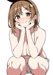  1girl atelier_(series) atelier_ryza atelier_ryza_1 bikini black_hairband blush breasts brown_eyes brown_hair closed_mouth collarbone commentary_request ecgg_(tsuji418477) hair_ornament hairband hairclip highres large_breasts looking_at_viewer micro_bikini reisalin_stout short_hair simple_background smile solo squatting swimsuit white_background 