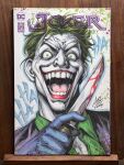  1boy batman_(series) blood blood_on_knife commentary cover_sketch dc_comics english_commentary evil_smile green_eyes green_hair green_shirt highres holding holding_knife joker_(dc) knife laughing looking_at_viewer male_focus marker_(medium) photo_(medium) portrait saliva shirt signature smile solo stanley_lau teeth tongue traditional_media 