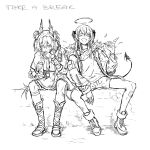  2girls :d absurdres animal_ears arknights bandaid bird_ears bird_girl bird_tail boots cigarette closed_eyes commentary demon_girl demon_horns demon_tail eudaemonm fiammetta_(arknights) fur-trimmed_jacket fur_trim gloves greyscale halo highres holding holding_cigarette holding_matchstick horns jacket lighting_cigarette long_sleeves matchstick monochrome mostima_(arknights) multiple_girls necktie open_clothes open_jacket open_mouth shirt shirt_tucked_in shorts simple_background sitting sketch smile smoking spread_legs tail untranslatable_commentary white_background 