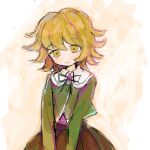  1boy :d bad_drawr_id bad_id black_skirt blush brown_eyes brown_hair bubble_skirt crossdressing crossdressing_(mtf) danganronpa:_trigger_happy_havoc danganronpa_(series) flipped_hair fujisaki_chihiro gnsi green_jacket jacket long_sleeves looking_at_viewer male_focus neck_ribbon open_mouth pleated_skirt ribbon school_uniform short_hair skirt smile solo trap 