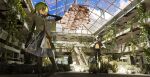 2girls abandoned bird black_hair blue_sky cloud commentary_request covered_navel crop_top day glass_ceiling grey_hair headphones highres indoors multiple_girls original overgrown ruins shdch short_hair sky sleeves_past_wrists standing 