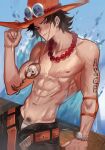  1boy abs adjusting_clothes adjusting_headwear arm_support arm_tattoo arm_up armband bead_necklace beads belt black_hair black_pants black_pubic_hair bracelet brown_belt brown_eyes brown_hat charmiisan closed_mouth collarbone commentary english_commentary flipped_hair groin hat highres jewelry log_pose male_focus male_pubic_hair male_underwear male_underwear_peek muscular muscular_male navel necklace nipples one_piece open_belt open_fly open_pants pants pectorals portgas_d._ace pubic_hair short_hair smile smiley_face solo sweat tattoo underwear water white_male_underwear wide_brim 
