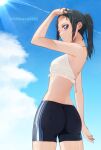  1girl arm_up bikini black_hair black_shorts blue_sky breasts cloud commentary_request day healin'_good_precure highres medium_breasts on_kazu open_mouth outdoors ponytail precure purple_eyes sawaizumi_chiyu shorts sky solo swimsuit twitter_username wet white_bikini 
