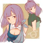  1girl bare_shoulders breasts cleavage clothing_cutout collared_shirt commentary_request earrings gundam gundam_zz haro jewelry large_breasts long_hair looking_at_viewer looking_back monchaman01 ponytail purple_hair roux_louka shirt shoulder_cutout simple_background single_earring smile 