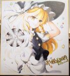  1girl absurdres apron attacking_viewer back_bow black_hat black_vest blonde_hair bow braid commentary_request hair_bow hat hat_bow highres holding holding_weapon kirisame_marisa long_hair mini-hakkero oyatu315 photo_(medium) puffy_short_sleeves puffy_sleeves shikishi short_sleeves side_braid single_braid solo star_(symbol) touhou traditional_media translation_request twitter_username vest waist_apron weapon white_apron white_bow witch_hat yellow_eyes 