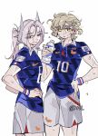  2026_fifa_world_cup 2girls blonde_hair bottle brume_(reverse:1999) commentary flag_print flower flying_sweatdrops france french_flag french_flag_print french_national_soccer_team_uniform green_eyes grey_eyes grey_hair hair_flower hair_ornament highres hl_(iamawhitehippo) multiple_girls number_print reverse:1999 sentinel_(reverse:1999) shorts soccer_uniform sportswear sweat water_bottle white_background white_shorts world_cup wristband 