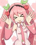  >_< 1girl :p bare_shoulders black_hairband blush breasts cherry_hair_ornament closed_eyes closed_mouth collared_shirt commentary_request detached_sleeves digiral double-parted_bangs facing_viewer food-themed_hair_ornament hair_ornament hairband hands_up hatsune_miku highres long_hair long_sleeves necktie pink_hair pink_necktie pink_shirt pink_sleeves sakura_miku shirt sleeveless sleeveless_shirt small_breasts solo tie_clip tongue tongue_out twintails upper_body vocaloid 