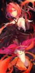  1girl absurdres arknights arknights:_endfield arm_up bare_shoulders black_dress black_gloves black_horns black_sleeves breasts closed_mouth collarbone commentary_request detached_sleeves dress embers fire gloves hair_between_eyes hair_intakes highres horns kaze_niwa laevatain_(arknights) long_sleeves looking_at_viewer medium_breasts multicolored_eyes pantyhose purple_eyes red_eyes red_hair short_hair solo surtr_(arknights) two-tone_eyes white_pantyhose 