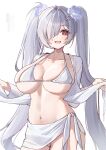  1girl :d ahoge artist_name bikini blue_flower bluesky_username blush breasts chami_lu cinderella_(crystal_wave)_(nikke) cinderella_(nikke) collarbone commentary cowboy_shot flower goddess_of_victory:_nikke grey_hair hair_flower hair_ornament hair_over_one_eye halterneck hands_up highres large_breasts long_hair long_sleeves looking_at_viewer navel official_alternate_costume one_eye_covered open_clothes open_mouth open_shirt red_eyes sarong see-through_clothes see-through_sarong shirt simple_background smile solo standing stomach strap_gap swimsuit swimsuit_cover-up twintails twitter_username very_long_hair white_background white_bikini white_sarong white_shirt 