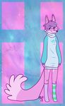  clothing female fox hair looking_at_viewer mammal multi-colored_hair mutisija pink_eyes smile socks solo standing 