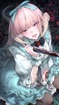  1girl aqua_dress au_ra black_bow black_bowtie blood blood_on_arm blood_on_clothes blood_on_knife bow bowtie brown_hair brown_pantyhose commentary_request commission dragon_girl dragon_horns dragon_tail dress final_fantasy final_fantasy_xiv frilled_wrist_cuffs frills hair_bow highres holding holding_knife horns knife long_hair looking_at_viewer pantyhose purple_eyes scales skeb_commission solo tail teroru warrior_of_light_(ff14) wrist_cuffs 