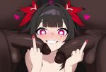  1girl 2boys absurdres black_hair blunt_bangs commentary dark-skinned_male dark_skin double_middle_finger drooling english_commentary erection eyeliner hair_intakes hair_ribbon hands_up heart hetero highres honkai:_star_rail honkai_(series) interracial large_penis long_hair looking_at_viewer lorddantesito makeup male_pubic_hair middle_finger multiple_boys nail_polish penis pink_eyes pubic_hair red_eyeliner red_nails red_ribbon ribbon runny_makeup sidelocks sparkle_(honkai:_star_rail) symbol-shaped_pupils teeth testicles twintails very_dark_skin 