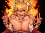 1boy 1girl armlet artist_name black_lips black_nails blonde_hair blue_eyes bowsette bracelet breasts breasts_squeezed_together collar commentary crown double_v english_commentary fellatio fire glaring grabbing_another's_breast groping horns huge_breasts jewelry large_areolae lipstick_mark lipstick_mark_on_penis looking_at_viewer lostinium mario mario_(series) new_super_mario_bros._u_deluxe oral paizuri penis pov puffy_nipples spiked_armlet spiked_bracelet spiked_collar spikes super_crown thick_eyebrows v v-shaped_eyebrows variant_set veins veiny_penis 