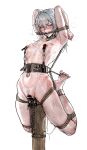  1girl absurdres armpits arms_up bar_censor barefoot blush bound breasts bruise censored clenched_teeth collar commentary_request completely_nude covered_nipples drooling gag gagged gdhs grey_eyes grey_hair highres hip_bones injury labia_clamps long_hair looking_at_viewer nipple_clamps nipple_weights nude original pussy red_eyes restrained rope_gag shibari skindentation small_breasts solo stationary_restraints sweat teeth 
