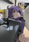  2girls absurdres alcohol anger_vein braid can cigarette commentary dai_maou_akinai_(godakinai) drink_can hand_up highres indoors kitchen kizuna_akari lighting_cigarette long_hair multiple_girls purple_eyes purple_hair raised_fist shirt stove sweater twin_braids unlit_cigarette_in_mouth vocaloid voiceroid white_hair white_shirt yellow_sweater yuzuki_yukari 