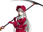  1girl 2000s_(style) bonnet bow braid closed_mouth dress expressionless game_asset gloves grey_hair holding holding_scythe holding_weapon kourin_tenshi_en_ciel_rena large_variant_set lilix lolita_fashion long_hair long_sleeves non-web_source official_art over_shoulder purple_eyes red_dress red_gloves ribbon saitou_natsuki scythe self-datamine simple_background solo tachi-e transparent_background twin_braids variant_set very_long_hair weapon 