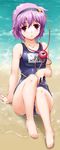  bare_shoulders barefoot beach blush byeontae_jagga collarbone hairband heart komeiji_satori name_tag one-piece_swimsuit outdoors parted_lips partially_submerged pink_hair red_eyes school_swimsuit shiny shiny_clothes short_hair sitting skindentation solo swimsuit third_eye touhou water 