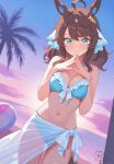  1girl absurdres ahoge animal_ears artist_logo artist_name ball beach beachball bikini blue_bikini blue_eyes breasts brown_hair cleavage cloud cloudy_sky commentary commission cowboy_shot daring_tact_(umamusume) dutch_angle frilled_bikini frills hair_ribbon highres horse_ears horse_girl logo medium_breasts medium_hair navel palm_tree pixiv_commission ribbon royalbunny003 sarong sky solo steepled_fingers sunset swept_bangs swimsuit thigh_gap tree umamusume white_sarong 