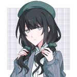  1girl beret book_off border cardigan closed_mouth commentary green_hat grey_cardigan grey_eyes hair_ornament hair_scrunchie hat highres kurobe_nanoka long_hair looking_at_viewer mahou_shoujo_no_majo_saiban official_alternate_costume plaid_background scrunchie shirt sidelocks simple_background solo touming_jun untranslatable_commentary upper_body white_border white_shirt 