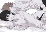  2boys black_hair brown_hair closed_mouth commentary_request dress_shirt from_side greyscale hair_undone head_on_pillow hiraga_keisuke isa_(peien516) long_sleeves looking_at_another lying male_focus male_underwear monochrome multiple_boys odagiri_hidetoshi on_bed on_side pants persona persona_3 pillow shirt short_hair sideburns simple_background suit_pants underwear undressing_another white_background yaoi 