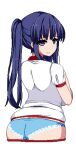  1girl ass blue_eyes blue_hair blue_panties blush breasts buruma buruma_pull closed_mouth clothes_pull from_behind game_asset gym_shirt gym_uniform hair_between_eyes ikeda_(kasutera) large_breasts large_variant_set long_hair long_sidelocks looking_back lowres non-web_source official_art panties panties_under_buruma pixel_art puffy_short_sleeves puffy_sleeves raised_inner_eyebrows red_buruma self-datamine shirt short_sleeves side_ponytail sidelocks simple_background smile solo standing summer_memories tachi-e transparent_background underwear variant_set yui_(summer_memories) 