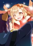  2girls :d animal_ears bare_shoulders blue_background blue_kimono blue_streaks blush brown_hair cho_kaguya-hime! closed_mouth clothing_cutout commentary_request crescent crescent_hair_ornament eye_contact fang floral_print floral_print_kimono fox_ears fox_girl glowing green_eyes hair_ornament highres hood hood_down japanese_clothes kaguya_(cho_kaguya-hime!) kaguya_(tsukuyomi)_(cho_kaguya-hime!) kimono long_hair long_sleeves looking_at_another lop_rabbit_ears medium_hair multicolored_hair multiple_girls open_mouth orange_eyes parted_bangs print_kimono purple_hair rabbit_ears rabbit_girl raised_eyebrows red_kimono sakayori_iroha sakayori_iroha_(tsukuyomi) shoulder_cutout sidelocks smile streaked_hair teeth upper_body upper_teeth_only yellow_pupils yuri yuto_(dialique) 