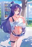  1girl absurdres bikini bikini_visible_through_clothes black_bikini blue_archive blue_sky breasts chinese_commentary chongchongbao_mushi cleavage commentary_request denim denim_shorts eyewear_on_head highres holding holding_phone jewelry large_breasts long_hair looking_at_viewer micro_shorts midriff_peek navel necklace phone purple_eyes purple_hair revision see-through_clothes see-through_shirt shirt shorts sky solo sunglasses swimsuit thigh_strap thighs tied_shirt tree vending_machine very_long_hair white_shirt yuuka_(blue_archive) 