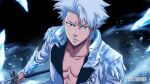  1boy artist_name bankai bleach bleach:_sennen_kessen-hen blue_eyes commentary dbzimran english_commentary hitsugaya_toushirou hitsugaya_toushirou_(adult) holding holding_sword holding_weapon ice male_focus open_clothes quincy_(bleach) signature solo spiked_hair sword toned toned_male twitter_username wandenreich_uniform weapon white_hair zanpakutou 