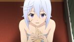  1boy 1girl anime_coloring bandeau blue_bandeau blue_shorts breasts chris_(konosuba) collarbone curtains diamond_earrings earrings frilled_bandeau frilled_shorts frills from_above game_asset grey_hair guiding_hand highres indoors jewelry kneeling kono_subarashii_sekai_ni_shukufuku_wo! kono_subarashii_sekai_ni_shukufuku_wo!_kono_yokubukai_game_ni_shinpan_o! looking_at_viewer looking_up non-web_source official_art open_mouth pov purple_eyes scar scar_on_cheek scar_on_face self-datamine short_hair shorts side_ahoge sleepwear small_breasts solo_focus upper_body variant_set 