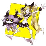  1girl 1other arms_up black_bow black_horns black_sclera black_skirt black_wings blonde_hair body_fur bow chibikemo claws colored_sclera commentary_request contrast_lapels debidebi_debiru demon demon_horns facial_mark forehead_mark grey_fur hair_bow horns jacket lapels long_hair long_sleeves looking_ahead miniskirt multiple_horns nijisanji notched_lapels open_mouth orange_eyes oshaka_(haguki) outstretched_arms pink_shoes shoes simple_background sketch skirt sleeve_cuffs takamiya_rion takamiya_rion_(1st_costume) thighhighs twintails very_long_hair virtual_youtuber white_background white_jacket white_thighhighs wings yellow_background yellow_eyes 