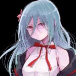  1girl akashi_manaka aqua_hair armpit_crease arms_at_sides assault_lily bare_shoulders black_background black_jacket bow bowtie breasts closed_mouth collared_shirt commentary expressionless flower hair_between_eyes hair_flower hair_ornament hasuno_(chiren_rs) jacket long_bangs long_hair looking_at_viewer medium_breasts off_shoulder open_clothes open_jacket pink_eyes pink_flower red_bow red_bowtie shirt simple_background sleeveless sleeveless_shirt solo untranslatable_commentary upper_body white_shirt 